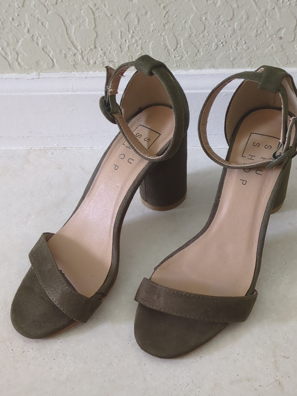 ShuShop Olive Suede Block Heel Sandals with Ankle Strap